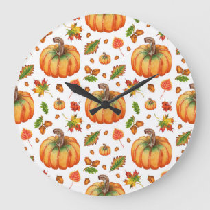 Autumn leaves, acorns: watercolor pattern. large clock