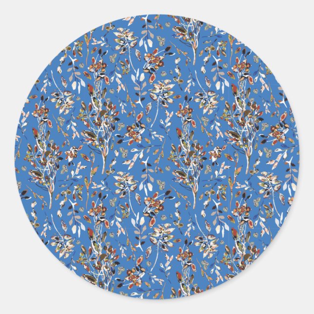 Autumn Leaves And Berries Blue Pattern Classic Round Sticker (Front)