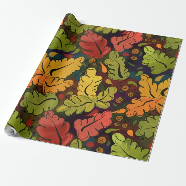 Autumn Leaves and Berries Brown Gold Green  Wrapping Paper (Unrolled)