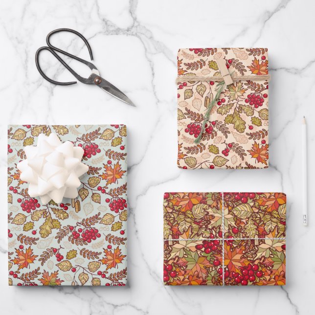Autumn Leaves And Berries Wrapping Paper Sheet (Front)