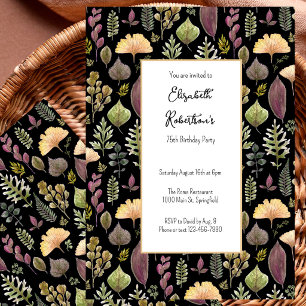 Autumn Leaves and Ferns on Black 75th Birthday  Invitation