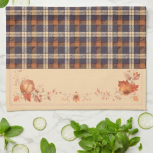 Autumn Leaves and Flowers on Plaid Tea Towel