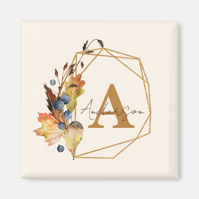 Autumn leaves and gold frame personalised  magnet (Front)