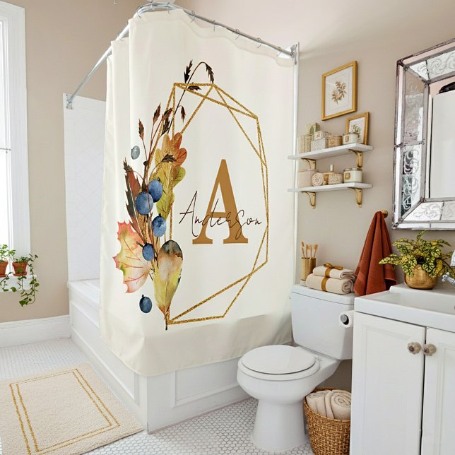Autumn leaves and gold frame personalised  shower curtain (Creator Uploaded)
