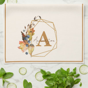 Autumn leaves and gold frame personalised tea towel