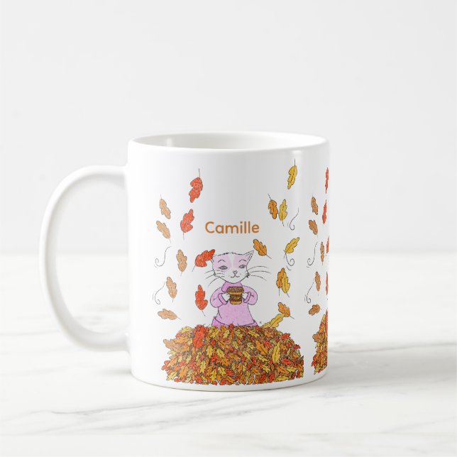Autumn Leaves and Graceful Cat Personalized Mug (Left)