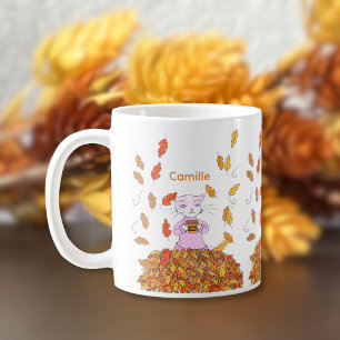 Autumn Leaves and Graceful Cat Personalized Mug