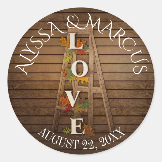 Autumn Leaves and Ladder Rustic Wedding Classic Round Sticker (Front)