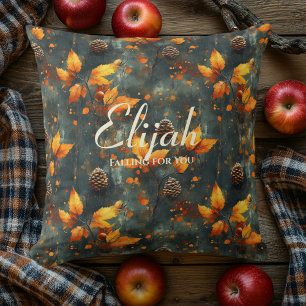 Autumn Leaves and Pinecones Pattern in Deep Teal  Cushion