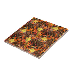 Autumn Leaves and Pinecones Thanksgiving Ceramic Tile