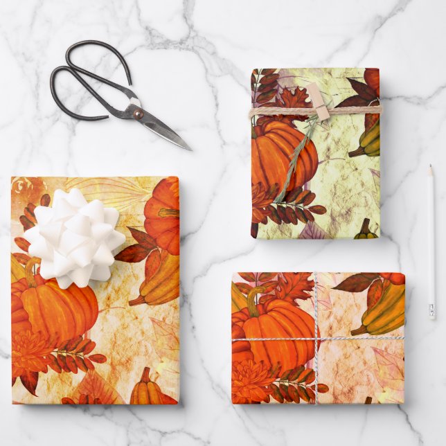 Autumn Leaves and Pumpkin Fall Pattern  Wrapping Paper Sheet (Front)