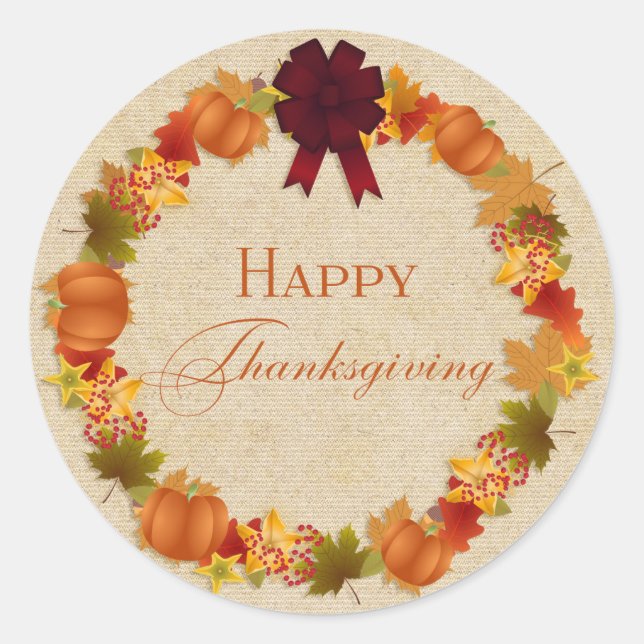 Autumn Leaves and Pumpkin Wreath Thanksgiving Classic Round Sticker (Front)