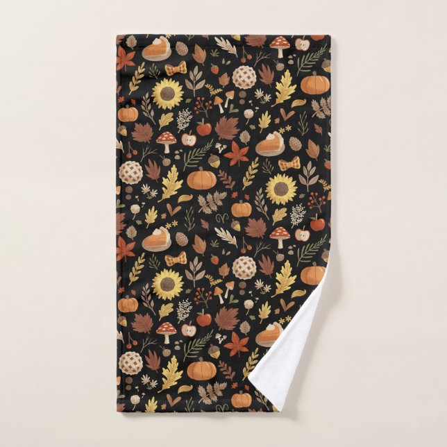 Autumn Leaves and Pumpkins in Black Thanksgiving Hand Towel (Hand Towel)