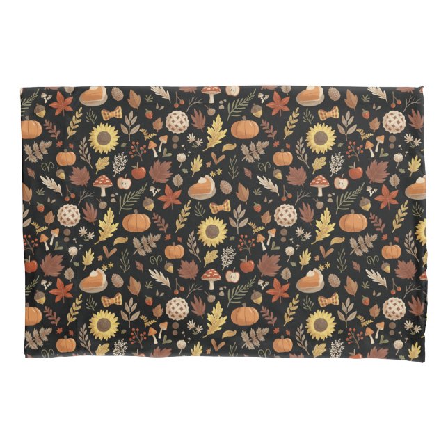 Autumn Leaves and Pumpkins in Black Thanksgiving Pillowcase (Front)
