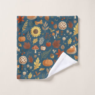 Autumn Leaves and Pumpkins in Navy Thanksgiving Wash Cloth