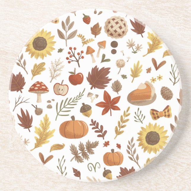 Autumn Leaves and Pumpkins in White Thanksgiving Coaster (Front)