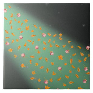 Autumn Leaves and Roses Green  Ceramic Tile