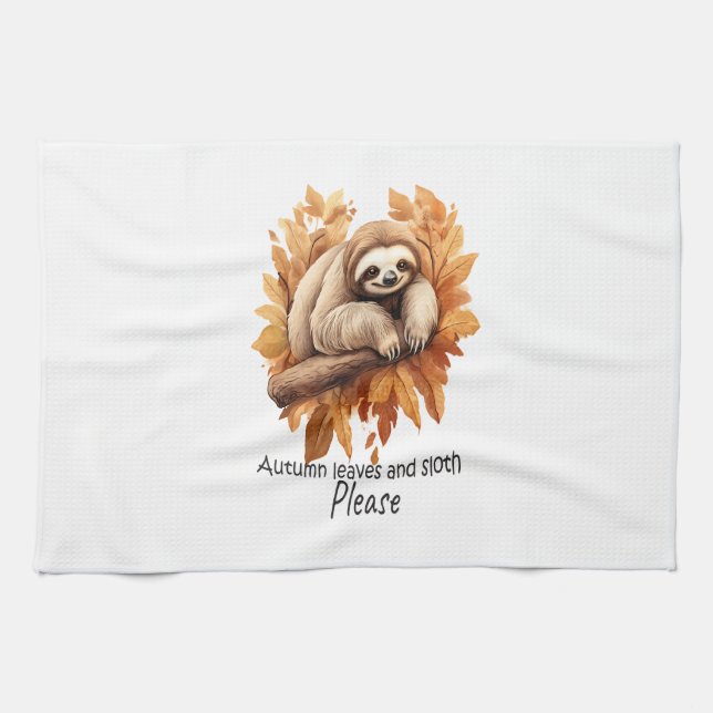 Autumn Leaves and Sloth Please Tea Towel (Horizontal)