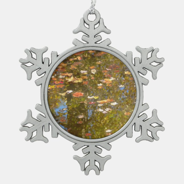 Autumn Leaves and Stream Reflection at Greenbelt Snowflake Pewter Christmas Ornament (Front)