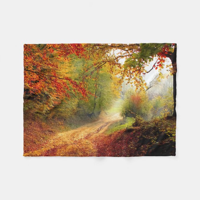 Autumn Leaves and Trees Covering Dirt Road Fleece Blanket (Front (Horizontal))