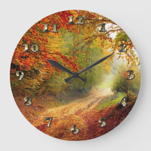 Autumn Leaves and Trees Covering Dirt Road Large Clock