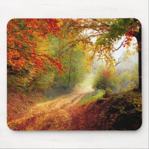 Autumn Leaves and Trees Covering Dirt Road Mouse Pad