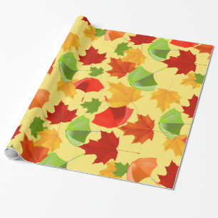 Autumn Leaves and Umbrellas Wrapping Paper