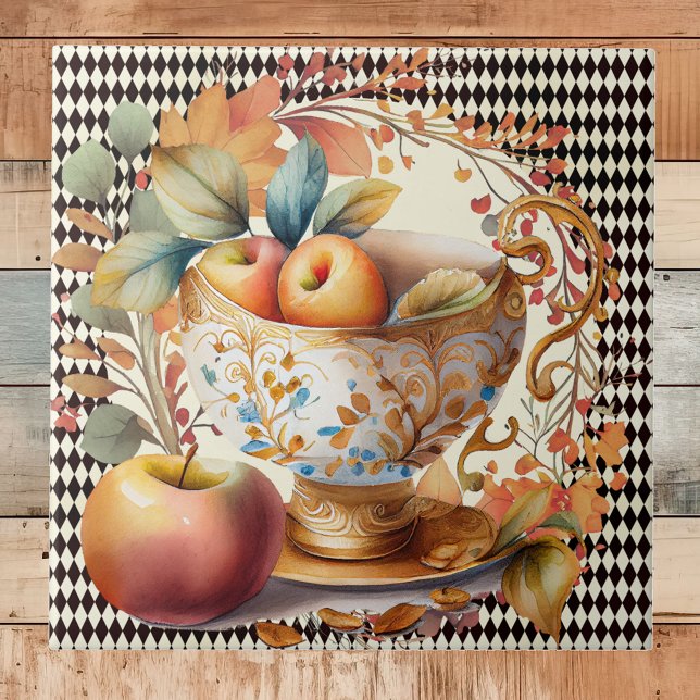 Autumn Leaves Apple Cider & Cup on Black Harlequin Ceramic Tile (Creator Uploaded)