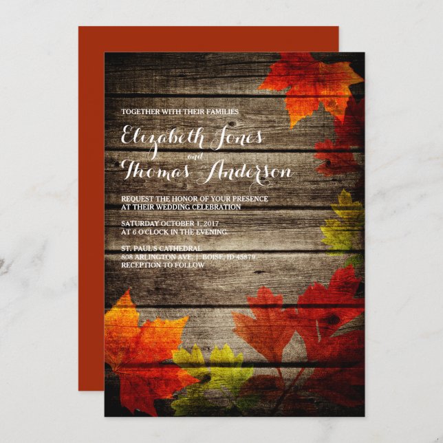 Autumn Leaves Barn Wood Rustic Fall Wedding Invitation (Front/Back)
