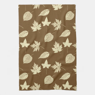 Autumn leaves - beige and chocolate brown  tea towel
