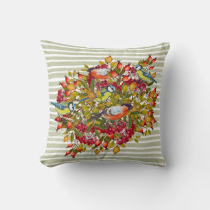 Autumn Leaves Berries and Birds Shabby Stripes Cushion