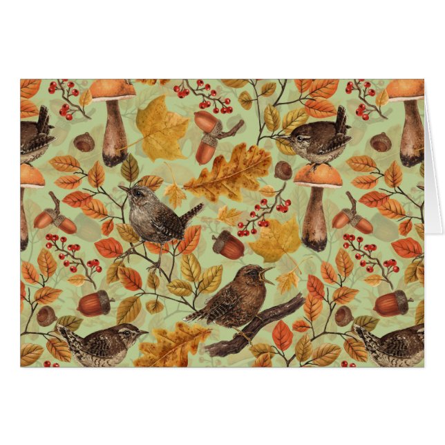 Autumn leaves, berries, mushrooms and wrens (Front Horizontal)