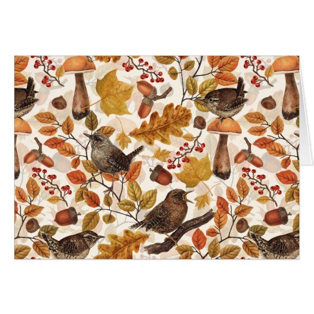 Autumn leaves, berries, mushrooms and wrens (Front Horizontal)