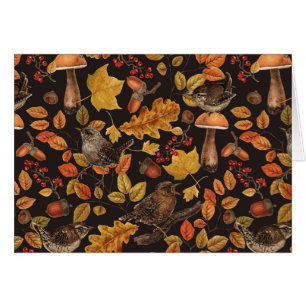 Autumn leaves, berries, mushrooms and wrens