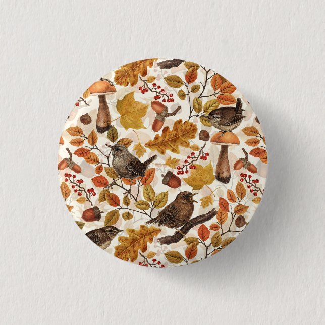 Autumn leaves, berries, mushrooms and wrens 3 cm round badge (Front)