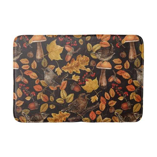 Autumn leaves, berries, mushrooms and wrens bath mat (Front)