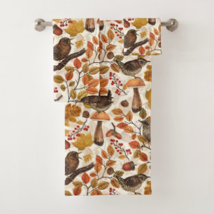 Autumn leaves, berries, mushrooms and wrens bath towel set