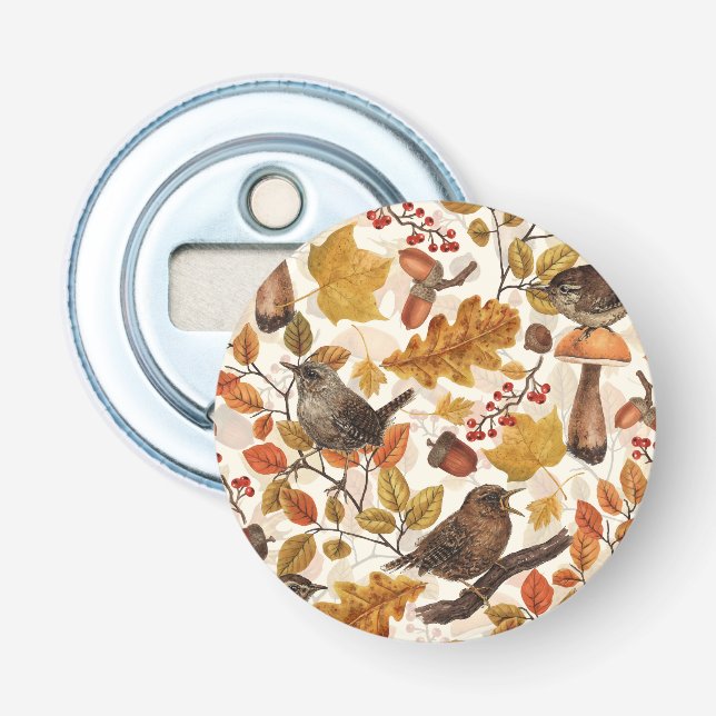 Autumn leaves, berries, mushrooms and wrens bottle opener (Front)