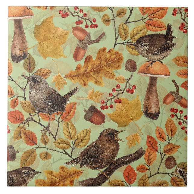 Autumn leaves, berries, mushrooms and wrens ceramic tile (Front)