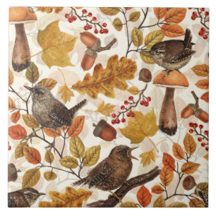 Autumn leaves, berries, mushrooms and wrens ceramic tile