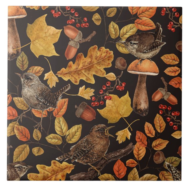 Autumn leaves, berries, mushrooms and wrens ceramic tile (Front)