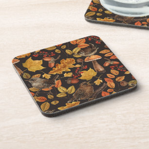 Autumn leaves, berries, mushrooms and wrens coaster
