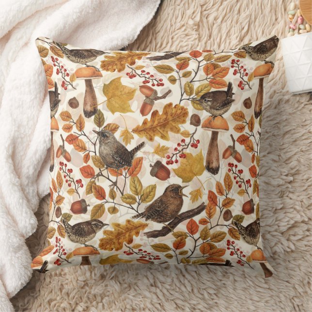 Autumn leaves, berries, mushrooms and wrens cushion (Blanket)