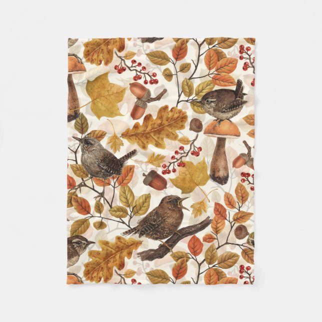 Autumn leaves, berries, mushrooms and wrens fleece blanket (Front)
