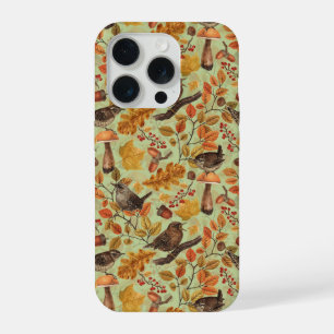Autumn leaves, berries, mushrooms and wrens iPhone 15 pro case