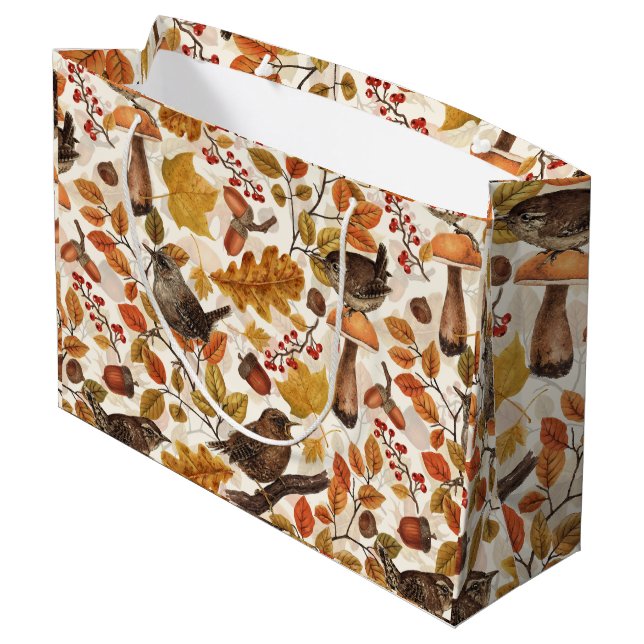Autumn leaves, berries, mushrooms and wrens large gift bag (Back Angled)