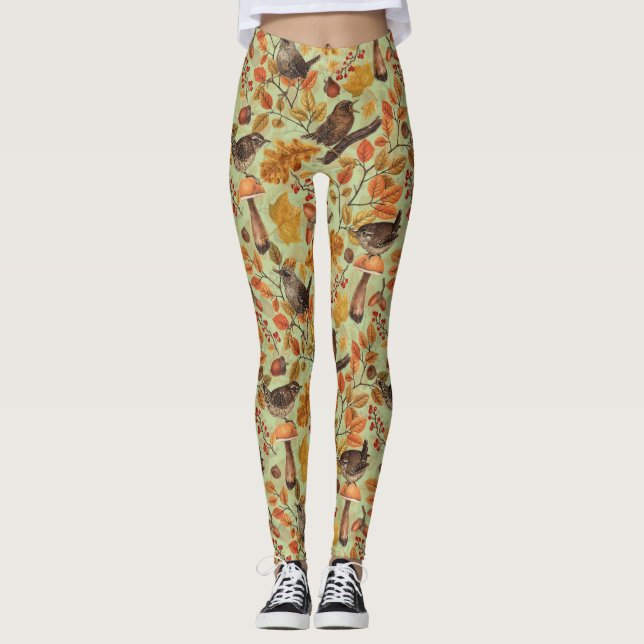 Autumn leaves, berries, mushrooms and wrens leggings (Front)