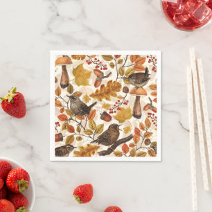 Autumn leaves, berries, mushrooms and wrens napkin