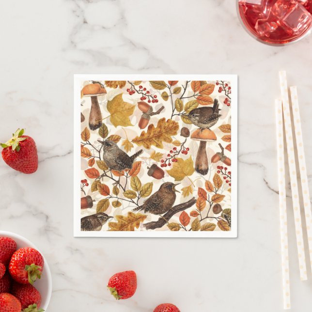 Autumn leaves, berries, mushrooms and wrens napkin (Insitu)