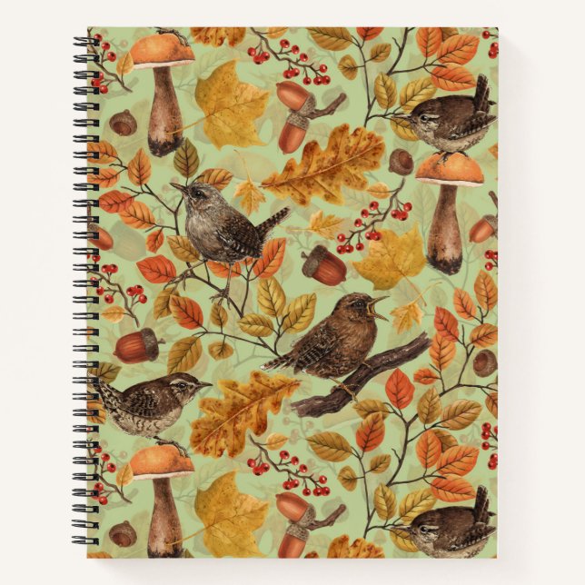 Autumn leaves, berries, mushrooms and wrens notebook (Front)